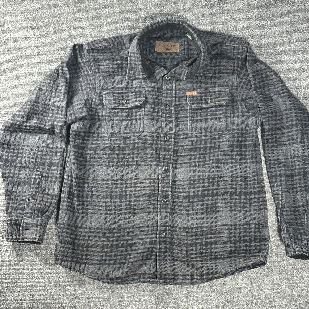 Orvis Mens Large Gray Plaid Heavy Flannel Shirt Button Up Soft Outdoor Hiking - Picture 2 of 7